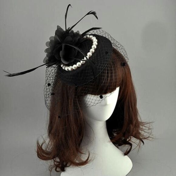 🖤 Pinup Accessory 1950s Retro Vintage Fascinator Black Pillbox Pearl Veil Hat - Picture 8 of 9